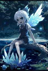 Rule 34 | 1girl, bare legs, barefoot, blue dress, blue eyes, bow, cirno, dress, forest, frozen, hair bow, ice, ice wings, letterboxed, md5 mismatch, nature, night, open mouth, pond, ranka (tonbo), shirt, short hair, silver hair, sitting, smile, solo, touhou, water, wings