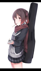 Rule 34 | 1girl, absurdres, bad id, bad pixiv id, black jacket, black skirt, blush, brown eyes, brown hair, buttons, checkered clothes, checkered skirt, cowboy shot, food, from side, giving, gradient hair, grin, guitar case, hair ribbon, headphones, headphones around neck, highres, holding, instrument case, jacket, letterboxed, long sleeves, looking at viewer, looking to the side, mouth hold, multicolored hair, one side up, open clothes, open jacket, original, parted lips, plaid, plaid skirt, pleated skirt, pocket, pocky, red scarf, rerrere, ribbon, scarf, school uniform, short hair, simple background, skirt, smile, solo, standing, white background
