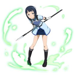 Rule 34 | 1girl, black hair, blue eyes, boots, detached sleeves, elbow gloves, female focus, full body, gloves, highres, holding, holding polearm, holding spear, holding weapon, leaning forward, looking at viewer, mole, mole under eye, official art, polearm, sachi (sao), short hair, short sleeves, simple background, skirt, smile, solo, spear, sword art online, transparent background, two-handed, weapon, white gloves