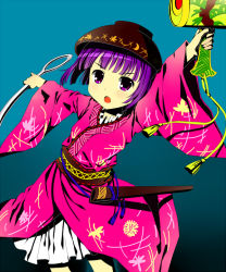 Rule 34 | 1girl, :o, arm up, bad id, bad pixiv id, blue background, bowl, cnm, gradient background, japanese clothes, kimono, leaning, looking at viewer, mallet, miracle mallet, needle, obi, purple eyes, purple hair, sash, scabbard, sheath, short hair, simple background, solo, sukuna shinmyoumaru, tassel, touhou