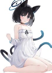 1girl absurdres alternate_costume amiamie animal_ears bare_shoulders black_eyes black_hair blue_archive blush cat_ears cat_girl cat_tail commentary_request dress highres kikyou_(blue_archive) looking_at_viewer multiple_tails open_mouth short_hair simple_background sitting solo tail thighs two_tails wariza white_background white_dress