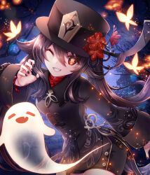 Rule 34 | 1girl, black hat, black jacket, black nails, black shorts, brown hair, bug, butterfly, floating hair, flower, flower-shaped pupils, genshin impact, ghost, grin, hat, hat flower, highres, hu tao (genshin impact), insect, jacket, long hair, long sleeves, looking at viewer, nail polish, night, one eye closed, outdoors, red eyes, red flower, short shorts, shorts, skyscope, smile, solo, symbol-shaped pupils, twintails, very long hair, wide sleeves
