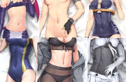 Rule 34 | 4girls, 5girls, armlet, bare hips, black bra, black panties, blue one-piece swimsuit, bra, breasts, brown legwear, character name, character request, cleavage, clothes writing, commentary request, competition swimsuit, corset, covered erect nipples, covered navel, crop top, disgaea, ebizome, elbow gloves, etna (disgaea), flat chest, framed breasts, from above, gloves, gotland (kancolle), grey jacket, groin, hand on own stomach, head out of frame, i-13 (kancolle), jacket, kantai collection, long sleeves, lying, medium breasts, multiple girls, navel, neckerchief, nude, off shoulder, on back, one-piece swimsuit, open clothes, open jacket, panties, pantyhose, partially fingerless gloves, pink wings, pleated skirt, purple gloves, skirt, smoke, stomach, suzutsuki (kancolle), swimsuit, underboob, underwear, white gloves, white neckerchief, white skirt, wings
