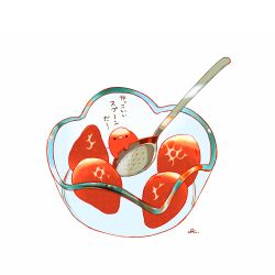 Rule 34 | animal, bird, bowl, chai (drawingchisanne), chick, food, food focus, fruit, looking at viewer, no humans, original, signature, simple background, spoon, strawberry, sweets bird, translation request, white background