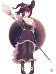 Rule 34 | 1girl, bare shoulders, black footwear, boots, breasts, broom, buckle boots, cleavage, hand on headwear, hat, large breasts, logo, looking at viewer, no bra, pigeon-toed, print thighhighs, red eyes, saltyicecream, shoes, short hair, simple background, solo, standing, star (symbol), star print, thighhighs, white background, witch, witch hat