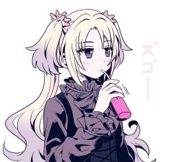 Rule 34 | 1girl, alternate costume, blonde hair, blush, can, commentary request, drinking straw, drinking straw in mouth, energy drink, flower, frilled shirt, frills, gradient hair, grey eyes, grey hair, grey shirt, hair flower, hair ornament, highres, holding, holding can, limited palette, link! like! love live!, long hair, looking ahead, love live!, multicolored hair, osawa rurino, parted bangs, pink flower, shirt, simple background, solo, sound effects, translation request, twintails, upper body, virtual youtuber, watagemodoki, white background
