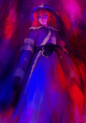 Rule 34 | 1girl, arms at sides, female focus, from below, hands in opposite sleeves, hat, japanese clothes, long sleeves, looking at viewer, looking down, mob cap, obi, oisin, pink eyes, pink hair, saigyouji yuyuko, sash, short hair, solo, touhou, triangular headpiece, wide sleeves
