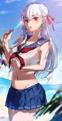 Rule 34 | 1girl, absurdres, bare shoulders, beach, blue sailor collar, blue skirt, blue sky, blush, breasts, cleavage, crop top, earrings, fate/grand order, fate (series), food, hair ribbon, highres, jewelry, kama (fate), large breasts, long hair, looking at viewer, navel, neckerchief, open mouth, popsicle, red eyes, red neckerchief, ribbon, sailor collar, shigure (shigure 43), shirt, silver hair, skirt, sky, solo, thighs, wet, white shirt