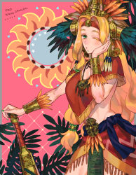 Rule 34 | 1girl, blonde hair, blush, bracelet, chin piercing, fate/grand order, fate (series), gold trim, green eyes, green nails, hair ornament, hair scrunchie, hand on own face, headband, headdress, holding, holding weapon, jewelry, long hair, looking at viewer, macuahuitl, nail polish, one eye closed, piercing, poncho, quetzalcoatl (fate), red skirt, scrunchie, skirt, solo, user eyum4888, weapon