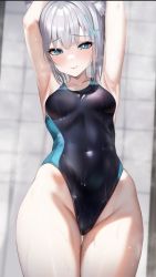 Rule 34 | 1girl, absurdres, animal ear fluff, animal ears, armpits, arms up, black one-piece swimsuit, blue archive, blue eyes, blurry, blurry background, blush, breasts, closed mouth, collarbone, competition swimsuit, covered navel, cowboy shot, cross hair ornament, female focus, grey hair, groin, hair ornament, highleg, highleg swimsuit, highres, legs together, looking at viewer, medium breasts, mismatched pupils, one-piece swimsuit, shiroko (blue archive), shiroko (swimsuit) (blue archive), smile, solo, standing, suujiniku, swimsuit, thigh gap, two-tone swimsuit, wet, wet clothes, wet swimsuit, wolf ears