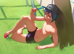 Rule 34 | 1boy, against tree, arm support, barefoot, baseball cap, bike shorts, black hair, blue eyes, bulge, come hither, commentary, creatures (company), day, elio (pokemon), erection, erection under clothes, food, game freak, grass, groin, hat, hat tip, kairunoburogu, knee up, looking at viewer, male focus, navel, nintendo, nipples, on ground, outdoors, poke ball, pokemon, pokemon sm, popsicle, reclining, short hair, sitting, skin tight, smug, solo, sunlight, swept bangs, toes, topless male, tree