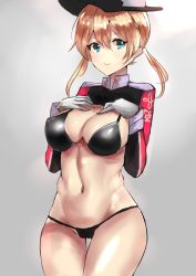 Rule 34 | 10s, 1girl, bad id, bad pixiv id, bikini, bikini under clothes, black bikini, blonde hair, blue eyes, breast suppress, breasts, clothes lift, gloves, hands on own chest, hat, highres, kantai collection, large breasts, long sleeves, looking at viewer, moruchi (rinaka moruchi), navel, no pants, prinz eugen (kancolle), shirt lift, smile, solo, swimsuit, swimsuit under clothes, twintails, white gloves