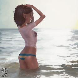 Rule 34 | 1girl, ass, bikini, bikini under clothes, black hair, breasts, brown eyes, brown hair, cleavage, colored stripes, dated, from behind, horizon, ikeda (cpt), kawakami sadayo, looking at viewer, ocean, persona, persona 5, persona 5 the royal, reflection, shirt, short hair, short sleeves, simple background, small breasts, solo, striped, sunlight, swimsuit, water, wet, wet clothes, wet shirt, white shirt