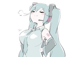 Rule 34 | 1girl, air pump, aqua hair, arm tattoo, arms behind back, balloon, bare shoulders, blouse, blush, breast padding, breath, commentary, detached sleeves, closed eyes, hair ornament, hatsune miku, headset, holding, long hair, necktie, nejikyuu, number tattoo, shirt, shoulder tattoo, sleeveless, sleeveless shirt, smug, solo, tattoo, twintails, upper body, very long hair, vocaloid
