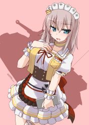 Rule 34 | 10s, 1girl, apron, aqua eyes, artist name, black apron, blouse, blue eyes, bow choker, bridal garter, choker, coco&#039;s, commentary, cowboy shot, cross, dutch angle, frills, girls und panzer, hand on own chest, highres, holding, iron cross, itsumi erika, jacket, layered skirt, long hair, looking at viewer, maid headdress, military, military vehicle, motor vehicle, name tag, neck ribbon, notepad, open clothes, open jacket, open mouth, pink background, puffy short sleeves, puffy sleeves, red ribbon, ribbon, shirt, short sleeves, signature, silhouette, silver hair, skirt, solo, tank, tiger hair ornament, tiger ii, tokihama jirou, waist apron, waitress, white shirt, white skirt, wristband, yellow choker, yellow jacket