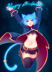 Rule 34 | 1girl, :3, :d, animal ears, arms up, belt, black thighhighs, blue eyes, blue hair, blush, boots, cape, cat ears, cat tail, choker, crop top, fang, freckles, hair ornament, hairclip, happy birthday, highres, jewelry, long sleeves, looking at viewer, midriff, miniskirt, navel, open mouth, original, outstretched arms, ricegnat, ring, skirt, smile, solo, stomach, tail, tail ornament, thighhighs, zettai ryouiki