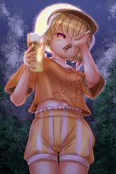 Rule 34 | 1girl, alcohol, animal ears, beer, beer mug, blonde hair, breasts, cloud, commentary request, cowboy shot, cup, eating, flat cap, food, from below, full moon, hat, head tilt, highres, holding, holding cup, looking at viewer, looking down, medium breasts, midriff, moon, mug, navel, night, outdoors, rabbit ears, red eyes, ringo (touhou), shirt, short hair, shorts, shounen (hogehoge), skewer, sky, solo, standing, striped clothes, striped shorts, tongue, tongue out, touhou, tree, vertical stripes, yakitori, yellow shirt, yellow shorts
