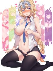Rule 34 | 6+girls, absurdres, asa (teng zi), atalanta (fate), atalanta alter (fate), between breasts, black dress, black hair, black shorts, black thighhighs, blonde hair, blue eyes, blue neckwear, blush, braid, breasts, cleavage, commentary request, dress, facial scar, fate/apocrypha, fate (series), frankenstein&#039;s monster (fate), green eyes, green hair, headpiece, heterochromia, highres, horns, jack the ripper (fate/apocrypha), jeanne d&#039;arc (fate), jeanne d&#039;arc (girl from orleans) (fate), jeanne d&#039;arc (ruler) (fate), large breasts, lips, long dress, long hair, looking at viewer, mordred (fate), mordred (fate/apocrypha), multiple girls, navel, necktie, open clothes, open shirt, parted lips, pink hair, pointy ears, scar, scar on cheek, scar on face, semiramis (fate), shiny skin, shirt, short hair, shorts, silver hair, single braid, single horn, sitting, solo focus, thighhighs, very long hair, white shirt, yellow eyes