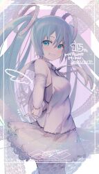 Rule 34 | 1girl, anniversary, arms behind back, blue eyes, blue hair, character name, detached sleeves, drawn wings, english text, finger counting, from side, grey necktie, grey shirt, grey skirt, grin, hair between eyes, hatsune miku, long hair, looking at viewer, n:go, necktie, shirt, skirt, smile, solo, twintails, very long hair, vocaloid