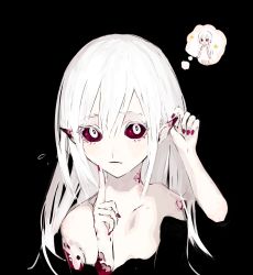 Rule 34 | 1girl, bad id, bad pixiv id, bare shoulders, black background, collarbone, colored sclera, hair between eyes, hand on own ear, hand on own ear, hands up, highres, index finger raised, long hair, looking at viewer, nail polish, original, ozyako, pale skin, pointy ears, portrait, red sclera, solo, thought bubble, white eyes, white hair