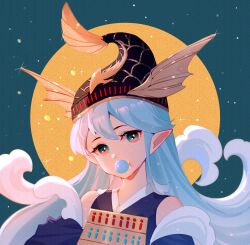 Rule 34 | 1girl, absurdres, bare shoulders, black headwear, blue background, blue eyes, blue hair, blue shirt, blowing bubbles, chinese commentary, circle, clothing cutout, commentary request, fish hat, highres, japanese clothes, kingyo hime (onmyoji), liquid hair, onmyoji, pointy ears, portrait, shirt, shoulder cutout, solo, yi er san