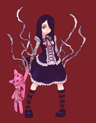 Rule 34 | 1girl, aqua eyes, arm behind back, bandages, black hair, black socks, blood, cross-laced clothes, cross-laced top, doll, female focus, full body, gothic lolita, green eyes, hair over one eye, kneehighs, loafers, lolita fashion, patterned legwear, pigeon-toed, red background, red socks, shoes, simple background, socks, solo, standing, striped clothes, striped socks, stuffed toy, toy, two-tone stripes, weno
