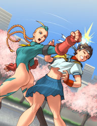 Rule 34 | 1990s (style), 2girls, :o, ^^^, ahoge, armband, armor, armpits, ass, battle, black footwear, black hair, blonde hair, blue eyes, blue leotard, blue sailor collar, blue skirt, blue sky, boots, braid, breasts, building, cammy white, capcom, cherry blossoms, clenched hand, clenched teeth, closed eyes, crop top, crop top overhang, day, dutch angle, face punch, facial scar, fighting, fingerless gloves, floating hair, from side, garrison cap, gauntlets, gloves, grass, hair tubes, hat, headband, highleg, highleg leotard, huge ahoge, in the face, kasugano sakura, knee boots, leaning back, legs apart, leotard, lightning bolt symbol, long hair, long sleeves, looking at another, looking back, medium breasts, midriff, military, military uniform, miniskirt, motion lines, multiple girls, muscular, nail polish, narrow waist, navel, neckerchief, necktie, omar dogan, one-piece thong, open mouth, outdoors, outstretched arm, pink nails, pleated skirt, profile, puffy short sleeves, puffy sleeves, punching, retro artstyle, ribbed leotard, ribbon, road, sailor collar, scar, scar on cheek, scar on face, school uniform, serafuku, shirt, short hair, short necktie, short sleeves, shoulder pads, skin tight, skirt, sky, skyscraper, small breasts, spread legs, standing, street, street fighter, street fighter zero (series), tattoo, teeth, thong, thong leotard, tomboy, tree, turtleneck, twin braids, udon entertainment, uniform, white shirt, wince, wrist guards, yellow neckerchief