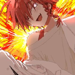 Rule 34 | 1boy, fang, haep0912, hair over one eye, lab coat, long sleeves, looking at viewer, maeno aki, male focus, multicolored background, off-shoulder shirt, off shoulder, orange background, pixel art, red background, red eyes, red hair, red tank top, shirt, skin fang, smile, solo, tank top, white shirt, yellow background, zeno (game)