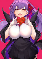 Rule 34 | 1girl, bb (fate), bb (fate/extra), black coat, black skirt, blush, box, breasts, coat, fate/extra, fate/extra ccc, fate (series), gift, gift box, gloves, hair ribbon, heart-shaped box, high-waist skirt, highres, large breasts, leotard, long hair, long sleeves, looking at viewer, neck ribbon, ninoude (ninoude44), open clothes, open coat, open mouth, popped collar, purple eyes, purple hair, red ribbon, ribbon, skirt, smile, solo, very long hair, white gloves, white leotard, wide sleeves