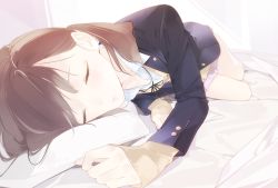 Rule 34 | 1girl, ama mitsuki, bed sheet, beige sweater, black ribbon, blazer, blue jacket, brown hair, buttons, closed mouth, collared shirt, commentary request, dated, closed eyes, facing viewer, full body, head on pillow, indoors, jacket, legs together, long sleeves, lying, medium hair, on bed, on side, original, pillow, pleated skirt, revision, ribbon, school uniform, shirt, skirt, sleeping, solo, twintails, white shirt