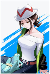 1girl arm_support belt brown_belt brown_eyes brown_hair closed_mouth collarbone creatures_(company) female_protagonist_(pokemon_legends:_z-a) game_freak gen_2_pokemon green_jacket hat highres jacket jcstr looking_down mixed-language_commentary nintendo off-shoulder_shirt off_shoulder on_lap pants pokemon pokemon_(creature) pokemon_legends:_z-a pokemon_on_lap shirt single_off_shoulder sitting smile totodile white_hat white_shirt