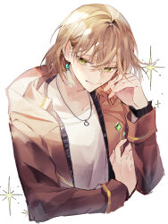 Rule 34 | 1boy, absurdres, androgynous, brown jacket, closed mouth, collarbone, cropped torso, crossed bangs, earrings, green eyes, hair between eyes, hand on own face, hand up, highres, hood, hooded jacket, jacket, jewelry, layered clothes, light brown hair, long bangs, long sleeves, mahoutsukai no yakusoku, male focus, open clothes, open jacket, pendant, rutile flores, shirt, short hair, sidelocks, simple background, smile, solo, sparkle, u-sama (u summer0719), white background, white shirt