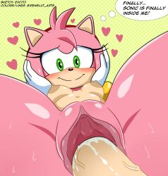 Rule 34 | 1boy, 1girl, amy rose, blush, breasts, clitoris, collaboration, couple, cum, disembodied penis, dotted background, english text, eulipotyphlan, excito, eyelashes, furry, furry with furry, gloves, green background, green eyes, hair ornament, hairband, hands on own face, heart, highres, long eyelashes, medium breasts, navel, nipples, nude, patterned background, penis, pink fur, pink hair, pov, pussy, sega, sex, simple background, sirenslut, smile, solo focus, sonic (series), sonic the hedgehog, spread legs, talking, thought bubble, vaginal