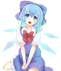 Rule 34 | 1girl, blue eyes, blue hair, bow, bowtie, cirno, collarbone, dress, hair bow, heart, heart-shaped pupils, highres, ice, ice wings, looking at viewer, looking up, matching hair/eyes, negiko, open mouth, puffy short sleeves, puffy sleeves, short sleeves, simple background, sitting, solo, symbol-shaped pupils, touhou, v arms, wariza, white background, wings