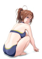 Rule 34 | 1girl, ass, barefoot, brown hair, butt crack, commentary request, from behind, full body, hibike! euphonium, highres, liz to aoi tori, long hair, looking at viewer, looking back, matebashi, nakagawa natsuki, ponytail, purple eyes, revision, simple background, solo, squatting, white background
