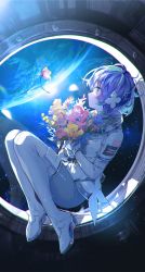 Rule 34 | 1girl, earth (planet), floating, flower, from side, fuzichoco, hair flower, hair ornament, highres, holding, holding flower, original, planet, purple hair, shadow, short hair, solo, space, spacecraft interior, spacesuit, star (sky), window