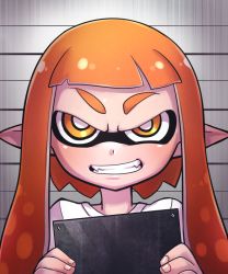 Rule 34 | 1girl, gradient background, grin, holding, inkling, inkling girl, inkling player character, looking at viewer, matsumoto tomoyohi, monster girl, nintendo, pointy ears, smile, solo, splatoon (series), splatoon 1, striped, striped background, tentacle hair, upper body