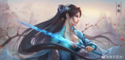 Rule 34 | bird, blue eyes, branch, brown hair, canyue yinguang, cleavage cutout, clothing cutout, collared dress, doupo cangqiong, dress, earrings, falling petals, flying, fog, hair ornament, highres, jewelry, long hair, long sleeves, looking to the side, mountain, necklace, petals, sword, weapon, yun yun (doupo cangqiong)