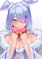 Rule 34 | 1girl, absurdres, blue hair, blush, box, elira pendora, elira pendora (2nd costume), fur trim, green eyes, gudanco (nyanmeowzer), hair over one eye, hair wings, heart-shaped box, highres, jewelry, key, key necklace, looking at viewer, necklace, nijisanji, nijisanji en, off shoulder, parted lips, simple background, solo, upper body, valentine, virtual youtuber, white background