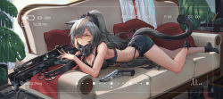 Rule 34 | 1girl, animal ear fluff, animal ears, arknights, black scarf, black shorts, black socks, blurry, boots, bow (weapon), breasts, cat ears, cat tail, character name, cleavage, coat, commentary request, couch, crossbow, depth of field, gradient hair, green eyes, gun, hair between eyes, handgun, highres, indoors, looking at viewer, lying, midriff, multicolored hair, on stomach, pillow, pistol, plant, ponytail, potted plant, scarf, schwarz (arknights), scope, short shorts, shorts, sima naoteng, socks, solo, tagme, tail, unworn boots, unworn coat, weapon