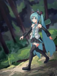 Rule 34 | 1girl, :3, animal ears, aqua eyes, aqua hair, aqua nails, aqua necktie, artist logo, artist name, bare shoulders, black skirt, black sleeves, black thighhighs, blurry, blurry background, boots, carrying over shoulder, cat ears, commentary, detached sleeves, digiral, english commentary, forest, full body, grey shirt, hair ornament, hatsune miku, headphones, headset, highres, kemonomimi mode, long hair, meme, miniskirt, nail polish, nature, necktie, outdoors, oversized food, oversized object, parody, pleated skirt, shirt, shoulder tattoo, skirt, sleeveless, sleeveless shirt, smurf cat (meme), solo, spring onion, tattoo, thigh boots, thighhighs, tree, twintails, variant set, very long hair, vocaloid, walking, zettai ryouiki