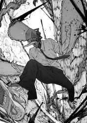Rule 34 | 1boy, blood, blood splatter, bloody weapon, chainsaw, chainsaw man, fingernails, greyscale, hatching (texture), highres, monochrome, necktie, open mouth, organs, otsudou, scratches, sharp teeth, shoes, sneakers, solo focus, teeth, tongue, tongue out, weapon