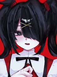 Rule 34 | 1girl, ame-chan (needy girl overdose), black eyes, black hair, black ribbon, close-up, collared shirt, hair ornament, hair over one eye, hand up, hashtag-only commentary, looking at viewer, needy girl overdose, open mouth, oubaisameko 181, red background, ribbon, shirt, sidelocks, simple background, solo, teeth, twintails, white shirt, x hair ornament