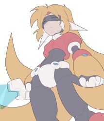 Rule 34 | 1boy, armor, assault visor, black bodysuit, blonde hair, blue eyes, bodysuit, clenched hands, cowboy shot, cropped jacket, crotch plate, energy sword, facial mark, forehead mark, from below, girouette (mega man), highres, holding, holding sword, holding weapon, jiwochin, long hair, looking down, male focus, mega man (series), mega man zx, power armor, red armor, solo, sword, weapon