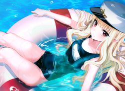 Rule 34 | 1girl, bare arms, bare shoulders, black one-piece swimsuit, blonde hair, breasts, commission, fine fabric emphasis, ha en, hat, highleg, highleg swimsuit, innertube, long hair, looking at viewer, lying, one-piece swimsuit, original, peaked cap, pointy ears, red eyes, revision, school swimsuit, small breasts, smile, solo, swim ring, swimsuit, thighs, water, wet, white hat