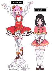 Rule 34 | 2girls, :d, amauri miruki, archived source, arms up, bad id, bad twitter id, black hair, brown footwear, capelet, character name, closed eyes, dual persona, facing viewer, frilled skirt, frilled thighhighs, frills, full body, grey eyes, hair ornament, heart, heart hair ornament, highres, image sample, layered skirt, long sleeves, looking at viewer, multiple girls, necktie, open mouth, own hands together, pink hair, pleated skirt, pretty series, red capelet, red necktie, red skirt, shirt, shoes, short hair, shy, simple background, skirt, smile, standing, standing on one leg, thighhighs, twitter sample, waccha primagi!, white background, white shirt, white thighhighs, zashima
