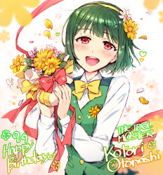 Rule 34 | 1girl, :d, blush, bow, character name, copyright name, dated, english text, flower, green hair, hair flower, hair ornament, hairband, happy birthday, idolmaster, idolmaster (classic), long sleeves, mole, mole under mouth, open mouth, otonashi kotori, red eyes, redrop, short hair, signature, smile, solo, vest
