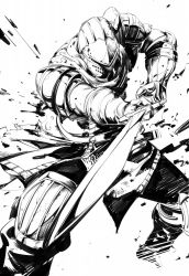 Rule 34 | 1boy, armor, boots, breastplate, chosen undead, covered face, dark souls (series), dark souls i, fighting stance, full armor, gauntlets, greaves, greyscale, helmet, highres, holding, holding sword, holding weapon, legs apart, male focus, manly, monochrome, pauldrons, ruukii drift, scabbard, sheath, shoulder armor, slashing, solo, standing, sword, two-handed, unsheathed, weapon