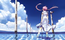 Rule 34 | 00s, 1girl, amano kozue, aria (manga), ass, barefoot, bird, blouse, caustics, cloud, day, dress, fingerless gloves, floating hair, from behind, gloves, highres, long hair, mizunashi akari, official art, official wallpaper, partially submerged, partially underwater shot, pink hair, seagull, see-through, see-through silhouette, shallow water, shirt, short hair with long locks, single glove, sky, solo, standing, standing on one leg, twintails, underwater, uniform, wading, water, wet, white shirt, wind