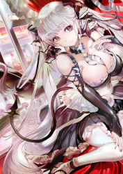 Rule 34 | 119, 1girl, azur lane, bare shoulders, between breasts, black gloves, bottle, breasts, elbow gloves, formidable (azur lane), gloves, hair ribbon, highres, long hair, looking at viewer, purple eyes, ribbon, silver hair, sitting, smile, solo, tail, twintails, very long hair, wariza, white legwear